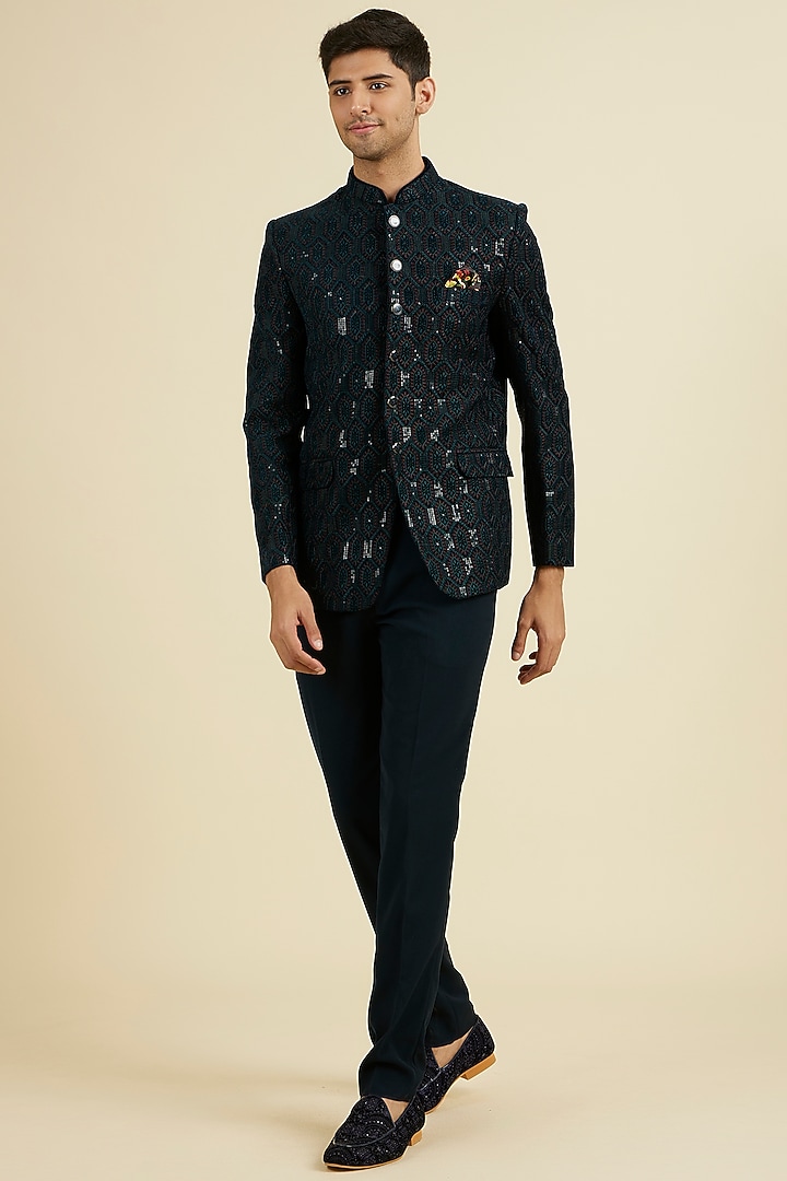 Teal Green Velvet Sequins Embroidered Jodhpuri Set by Manyavar at Pernia's Pop Up Shop