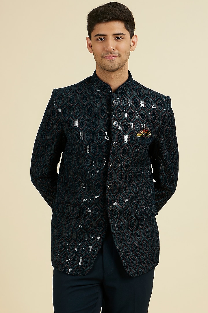 Teal Green Velvet Sequins Embroidered Jodhpuri Set by Manyavar at Pernia's Pop Up Shop