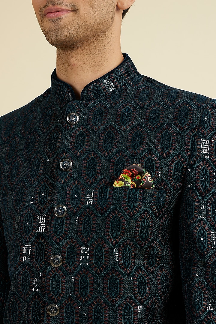 Teal Green Velvet Sequins Embroidered Jodhpuri Set by Manyavar at Pernia's Pop Up Shop
