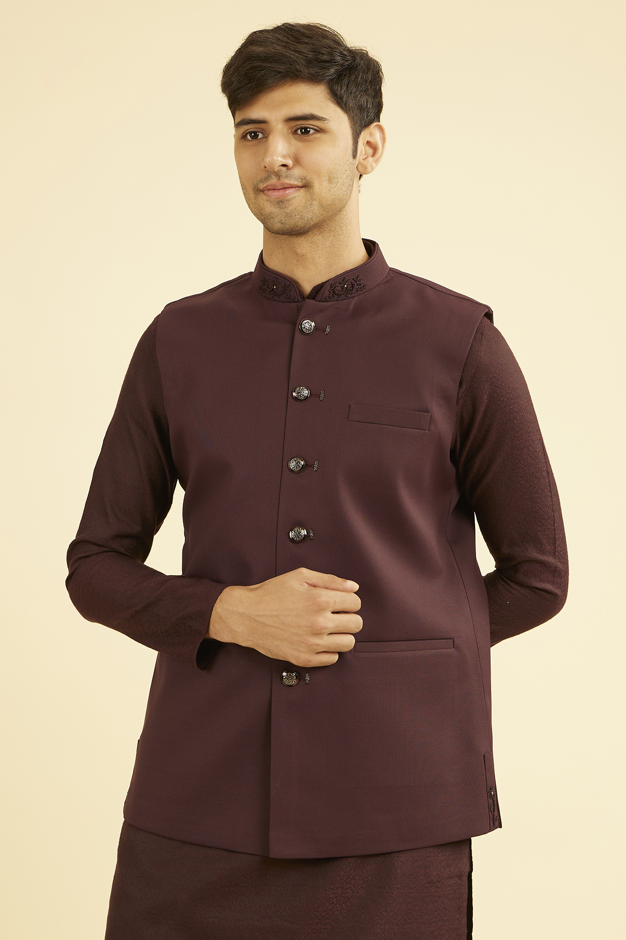 Maroon Rayon Blend Nehru Jacket by Manyavar