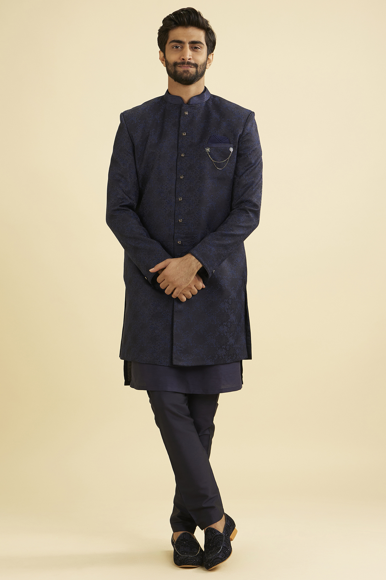 Navy Blue Brocade Indowestern Jacket Set by Manyavar