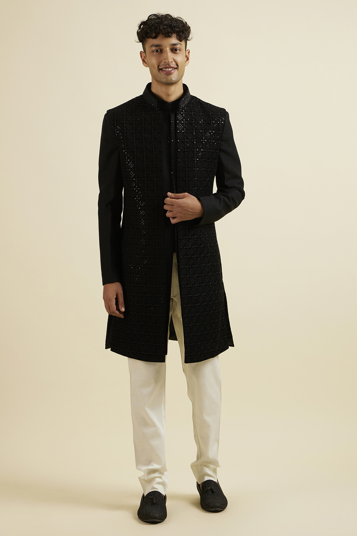 Ebony Black Velvet Hand Embroidered Indowestern Set by Manyavar