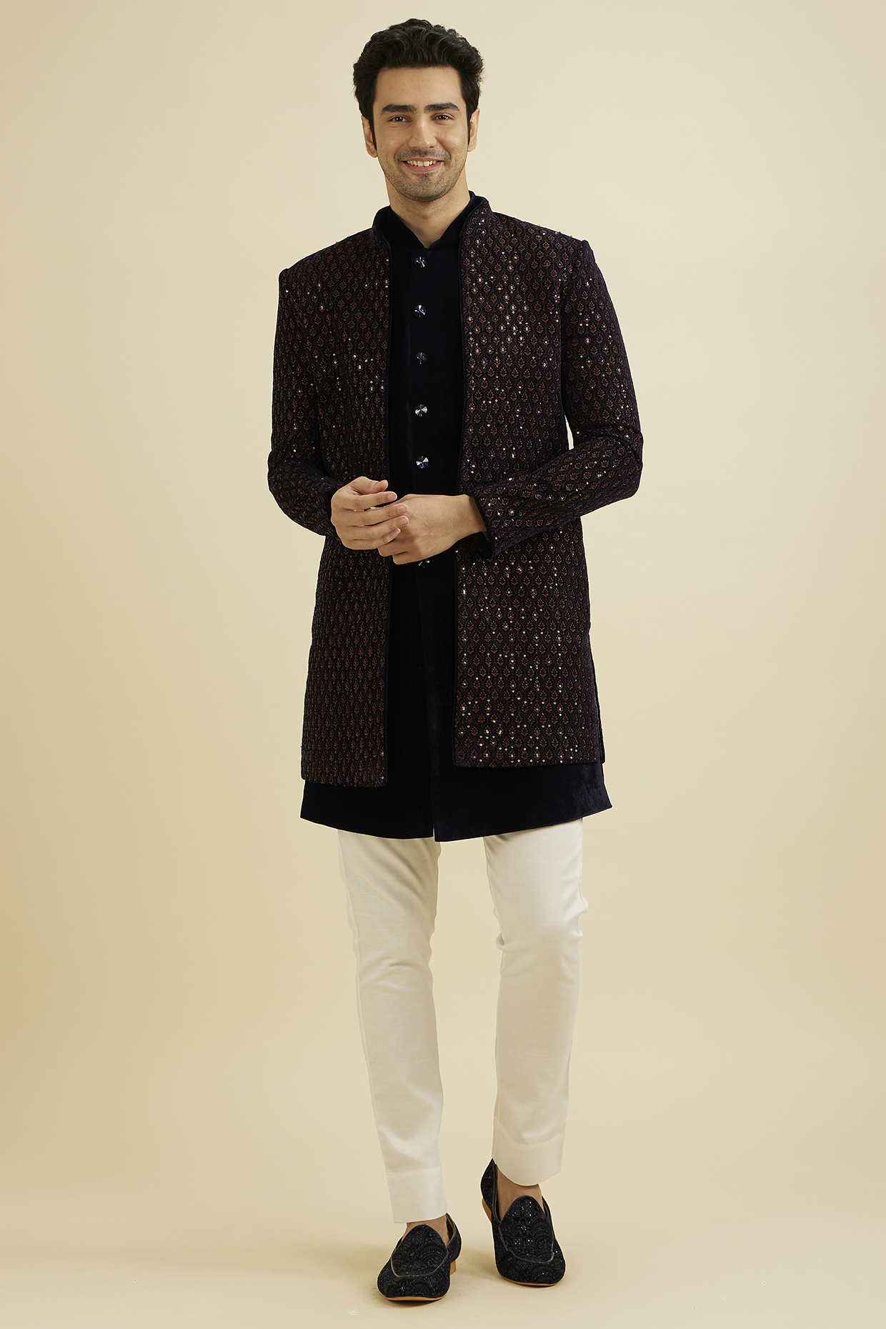 Mahogany Brown & Dark Blue Velvet Sequins Embroidered Indowestern Set by Manyavar