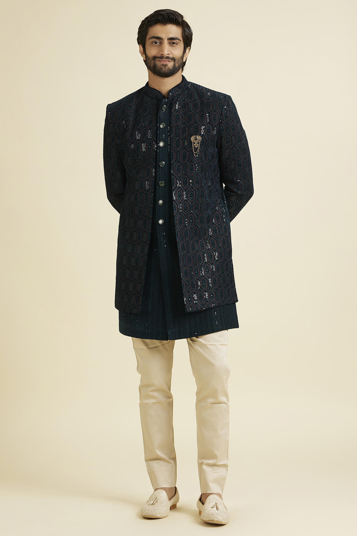 Teal Green Velvet Thread Embroidered Indowestern Set by Manyavar