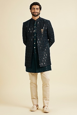 Teal Green Velvet Thread Embroidered Indowestern Set by Manyavar