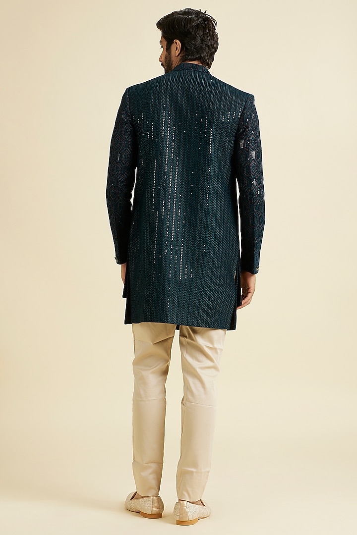 Teal Green Velvet Thread Embroidered Indowestern Set by Manyavar at Pernia's Pop Up Shop