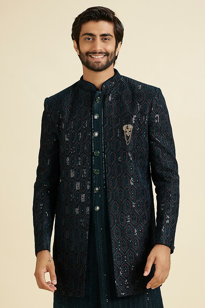 Teal Green Velvet Thread Embroidered Indowestern Set by Manyavar at Pernia's Pop Up Shop