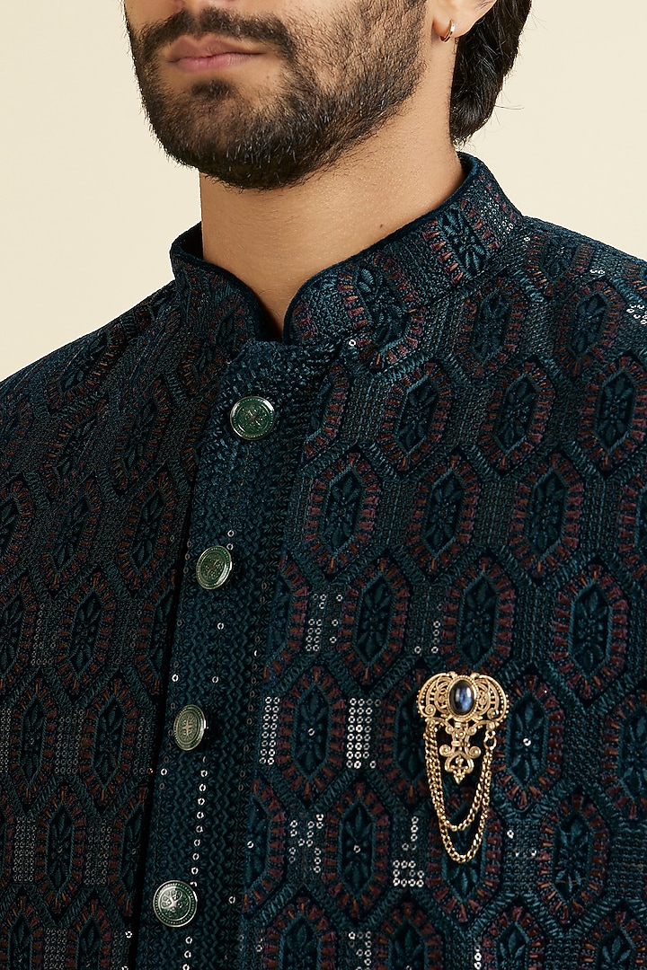 Teal Green Velvet Thread Embroidered Indowestern Set by Manyavar at Pernia's Pop Up Shop