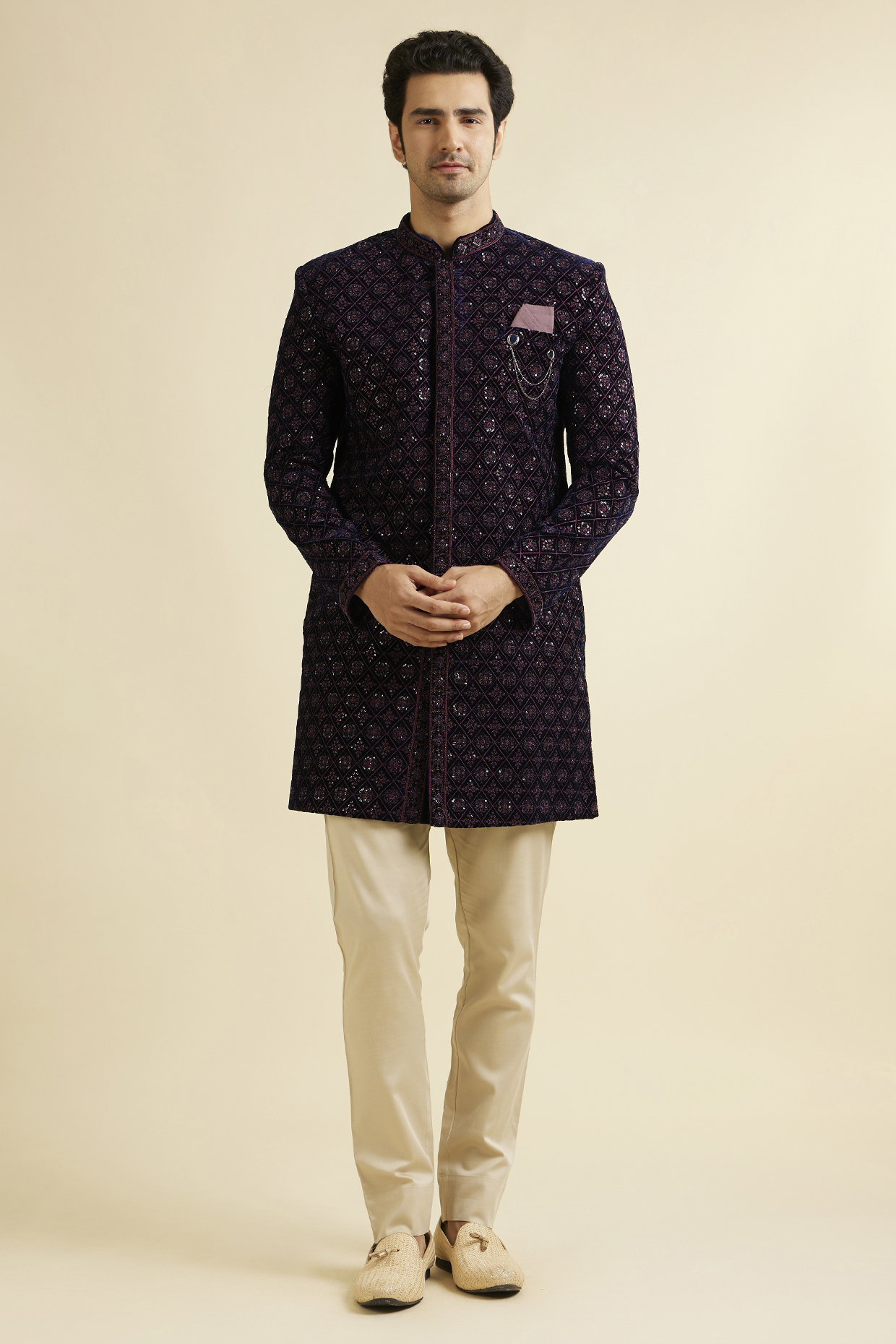 Dark Blue & Wine Velvet Sequins Embroidered Indowestern Set by Manyavar