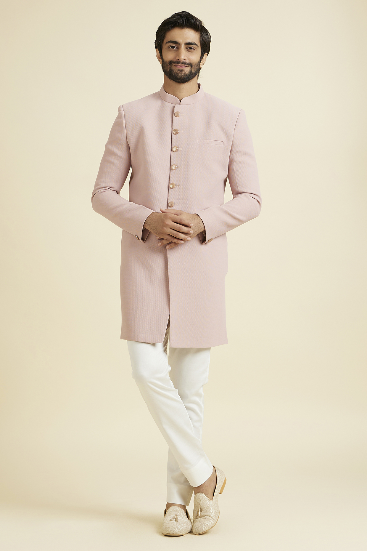 Dusty Pink Blended Rayon Indowestern Set by Manyavar