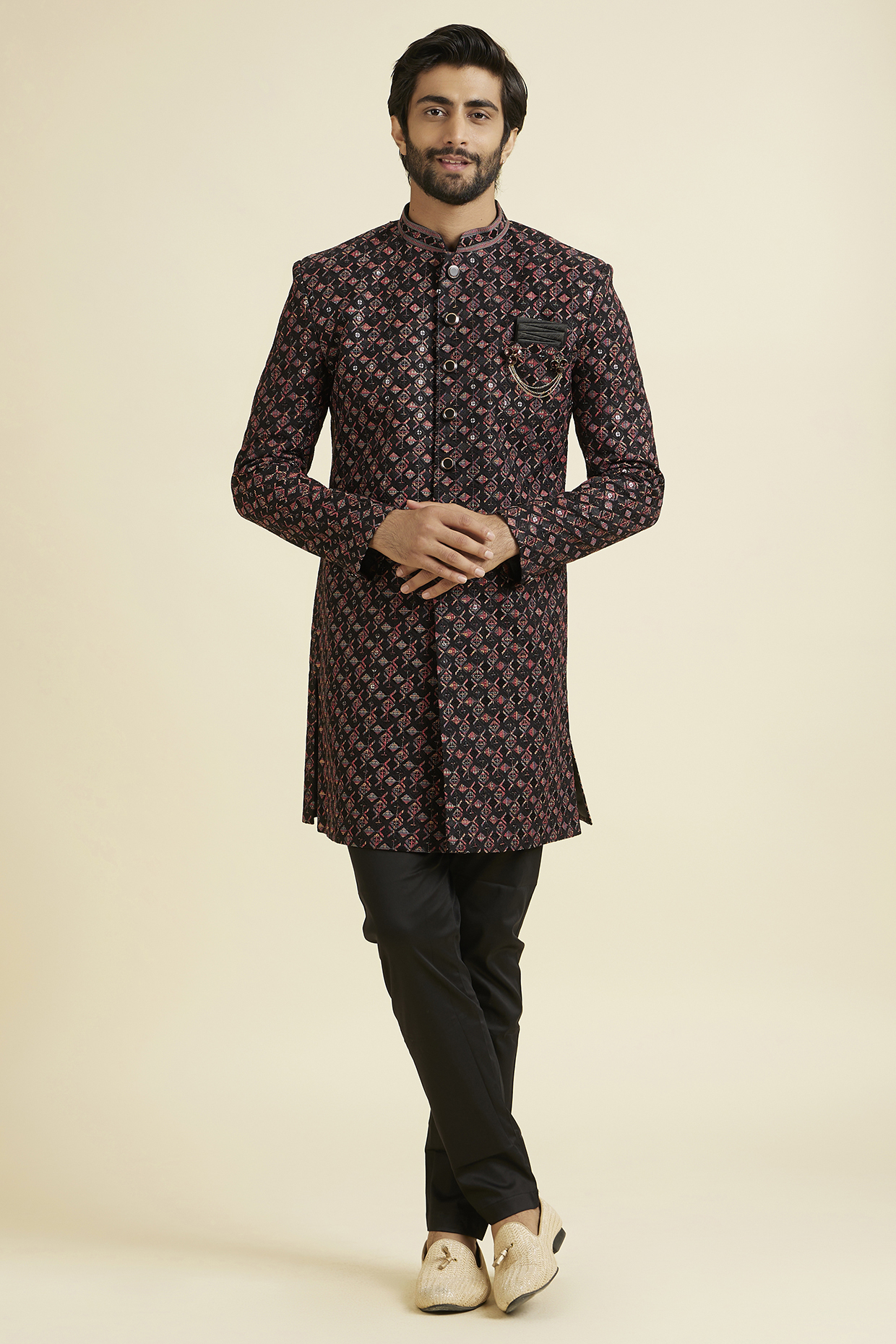 Black Viscose Thread Embroidered Indowestern Set by Manyavar