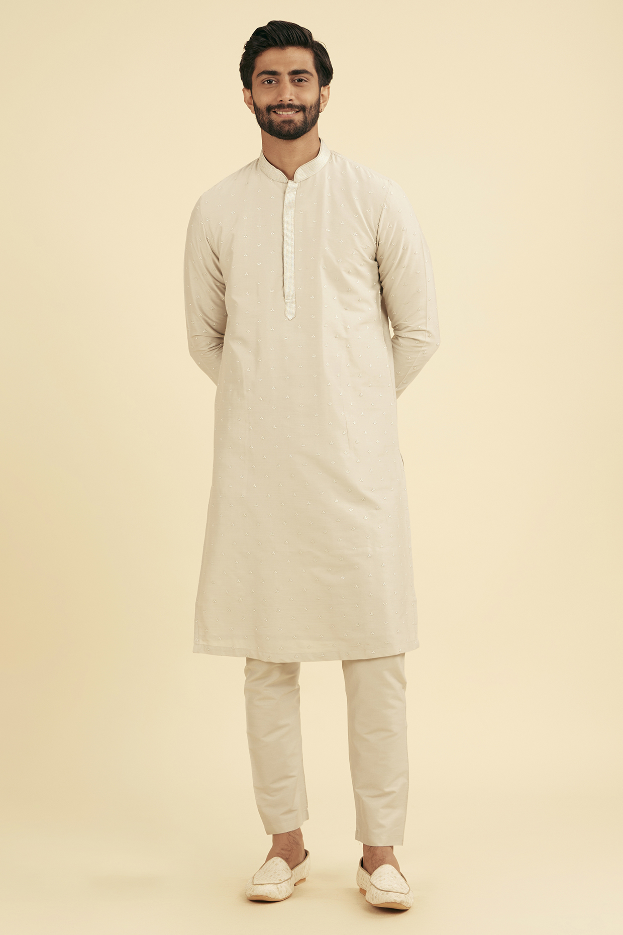 Light Grey Viscose Blend Zari Embroidered Kurta Set by Manyavar