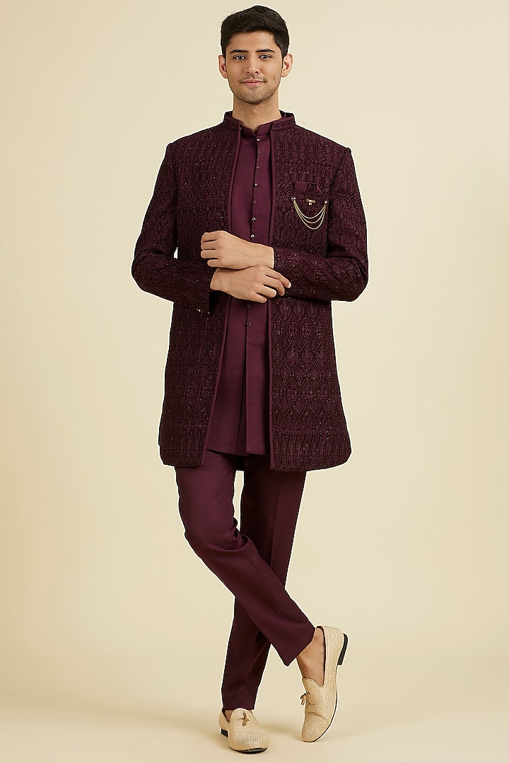 Purple Georgette Bead Embroidered Wedding Indowestern Jacket Set by Manyavar at Pernia's Pop Up Shop