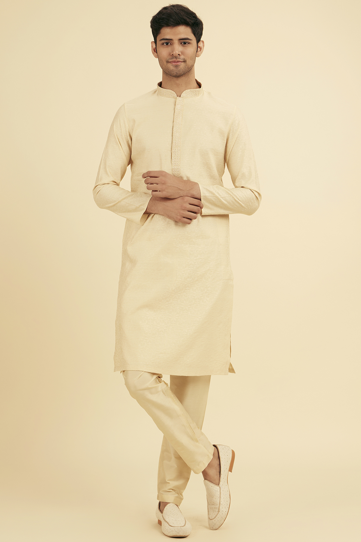 Beige Viscose Blend Thread Embroidered Kurta Set by Manyavar