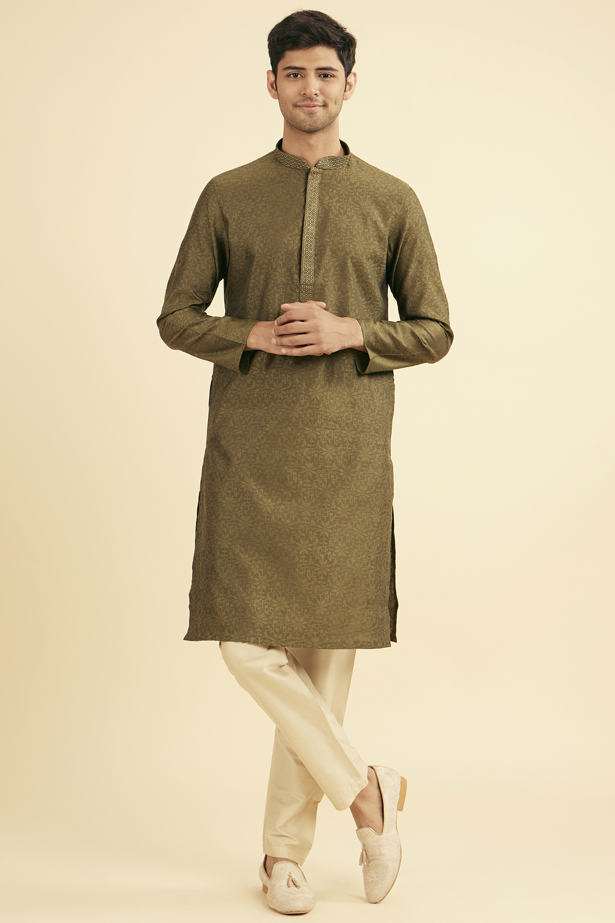 Olive Green Viscose Blend Thread Embroidered Kurta Set by Manyavar