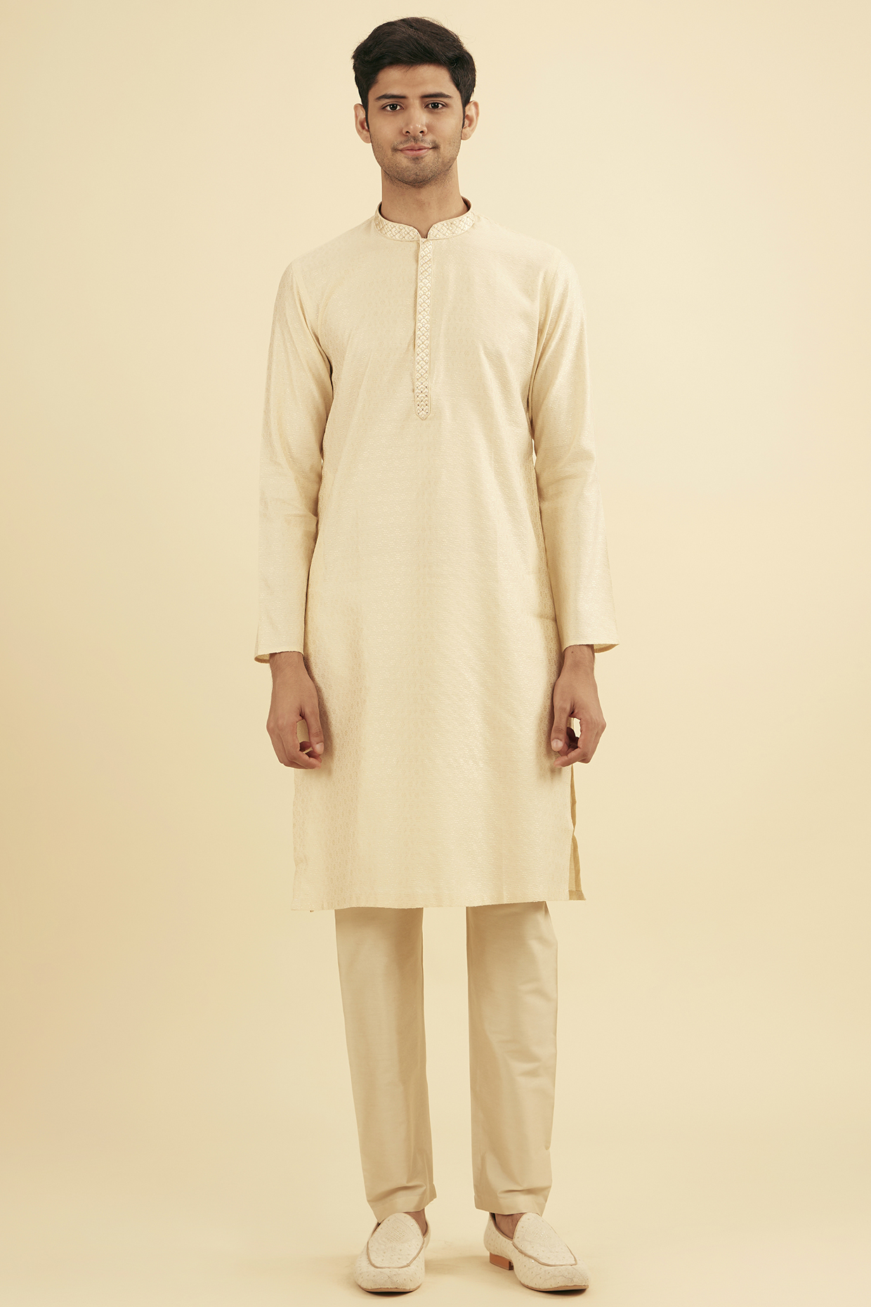 Beige Viscose Blend Bead Embroidered Kurta Set by Manyavar