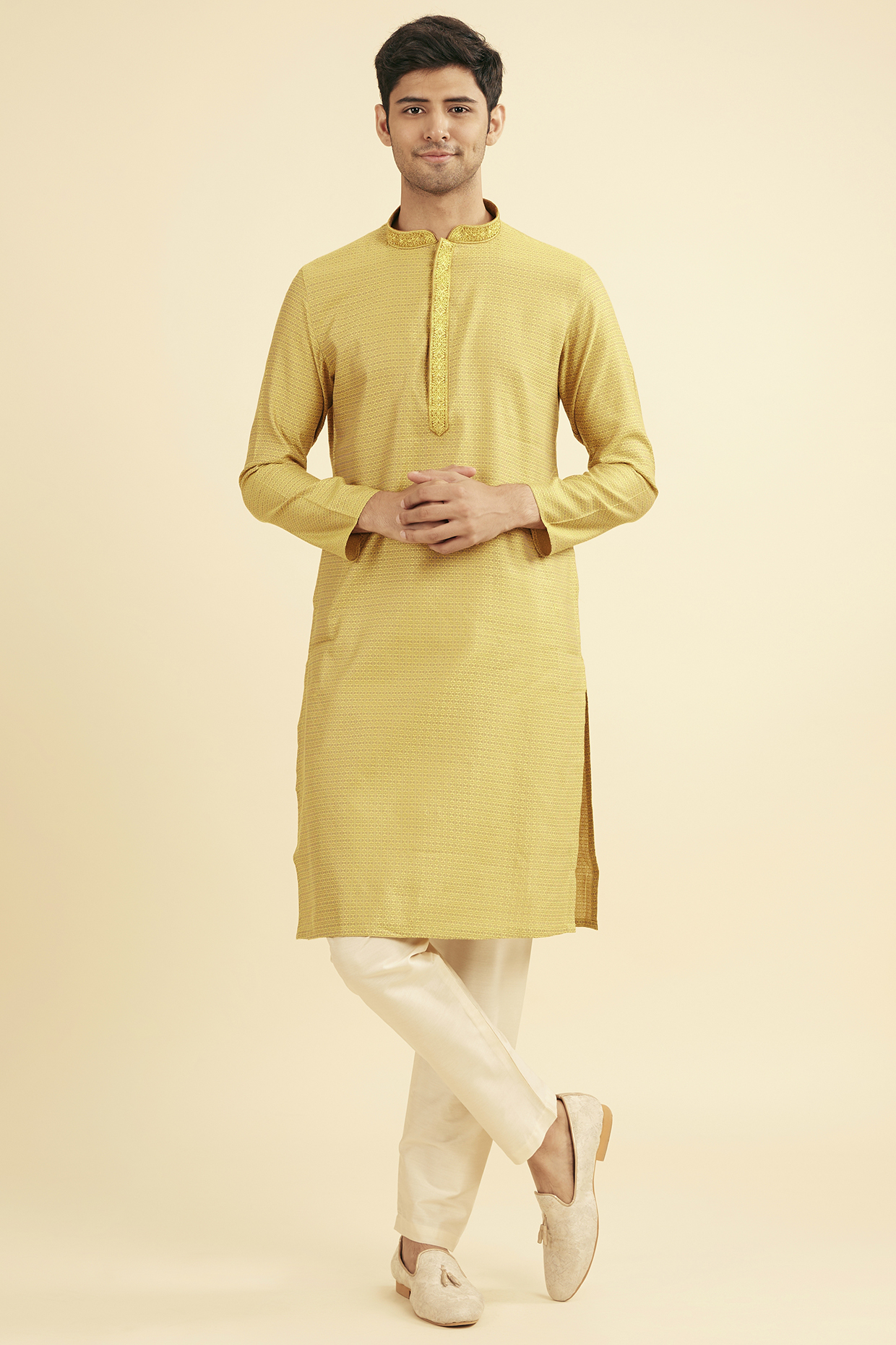 Mehendi Green Viscose Blend Embroidered Kurta Set by Manyavar
