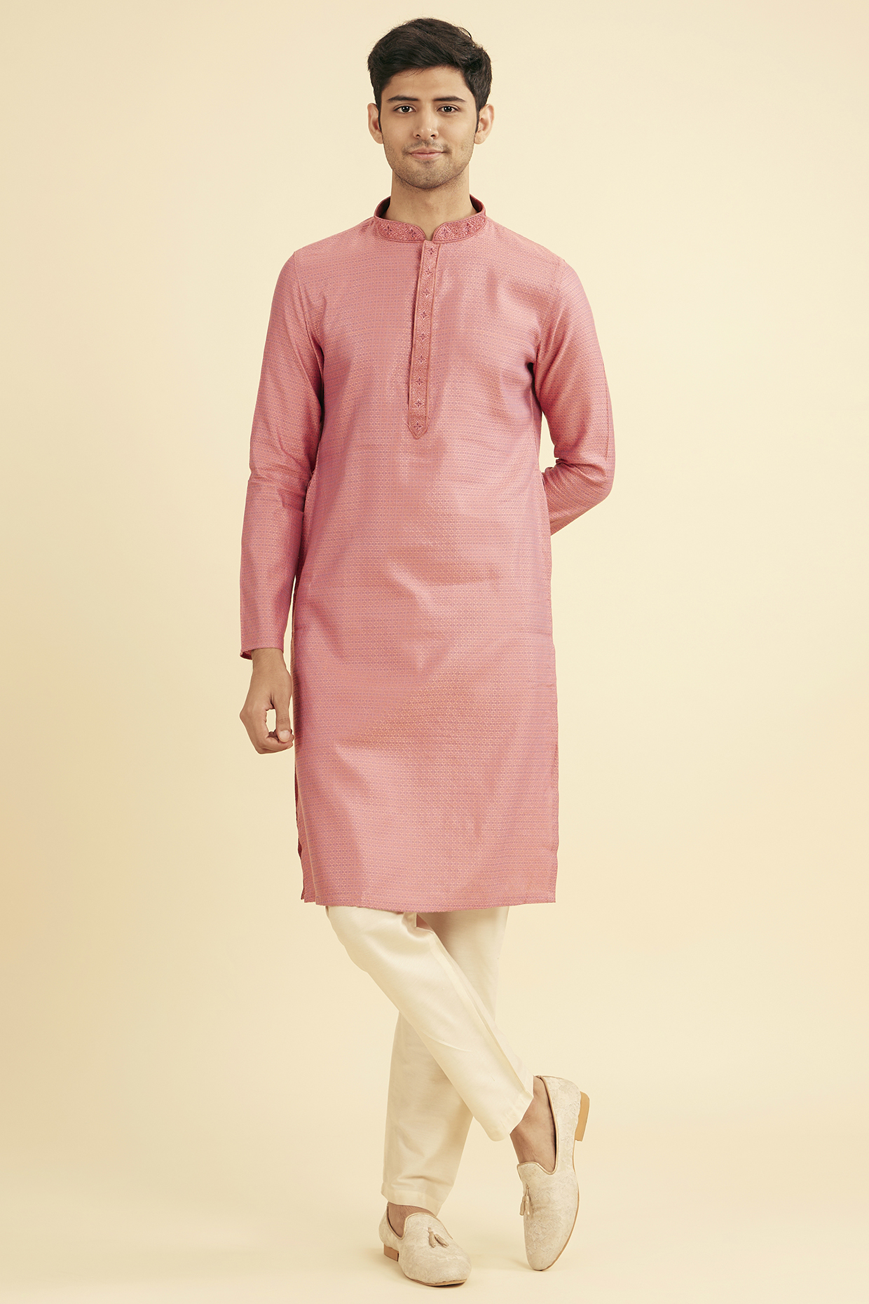 Dusty Pink Viscose Blend Embroidered Kurta Set by Manyavar