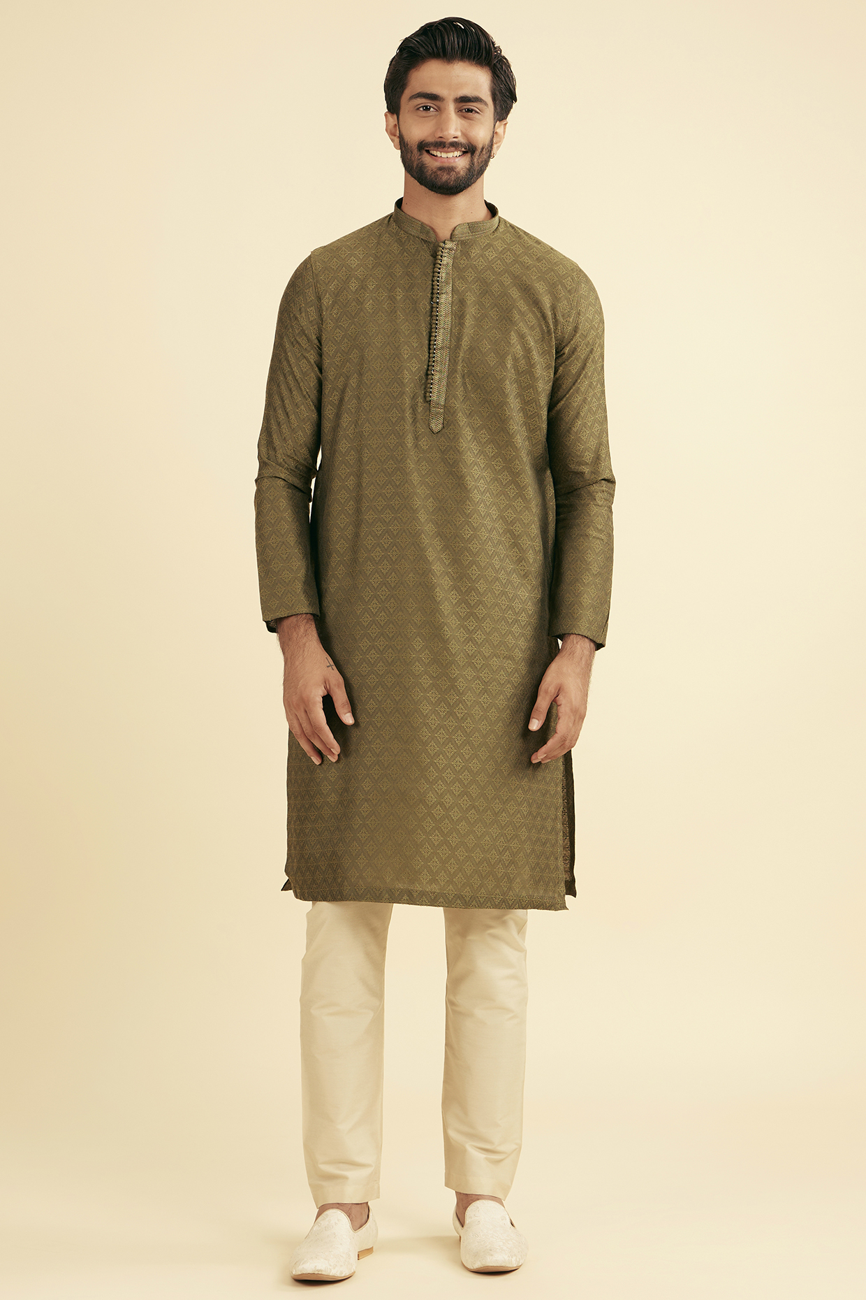 Olive Green Viscose Blend Embroidered Kurta Set by Manyavar