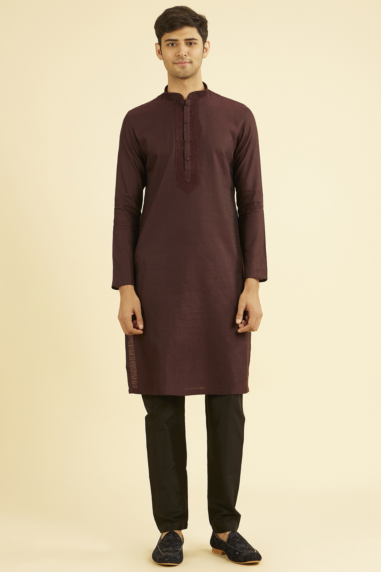 Wine Red Viscose Blend Embroidered Kurta Set by Manyavar