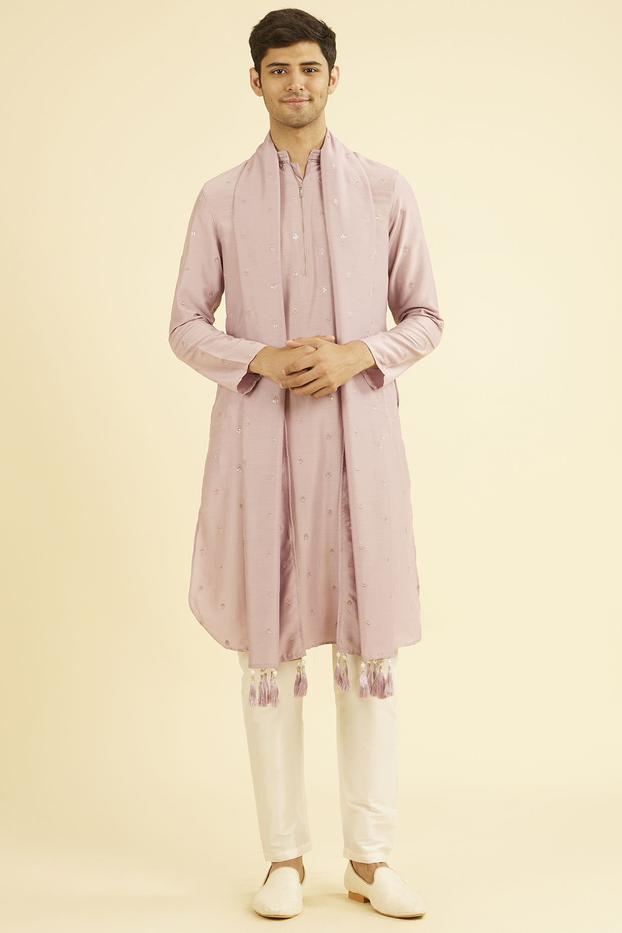 Dusty Pink Art Silk Thread Embroidered Kurta Set by Manyavar