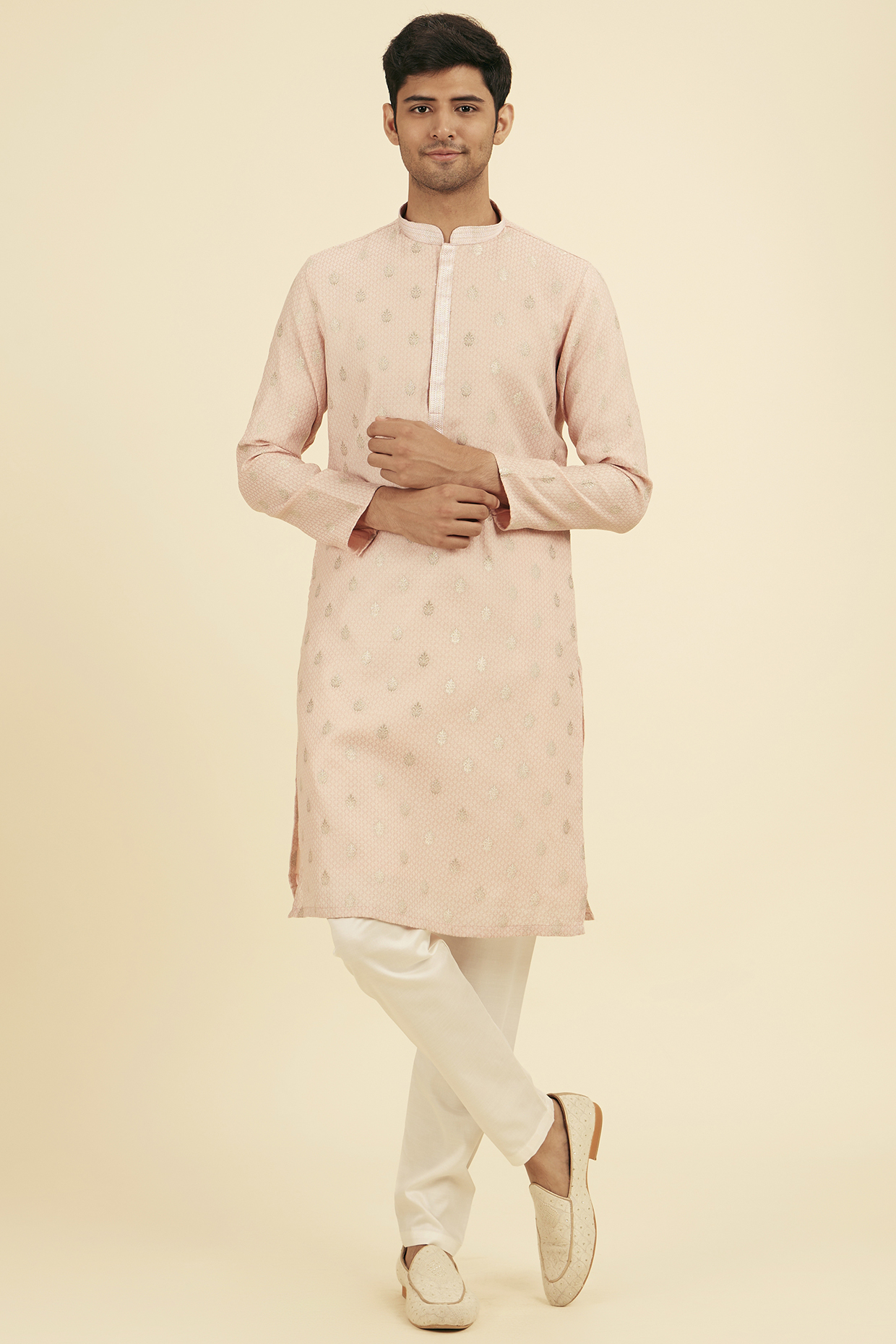 Pink Cotton Blend Kurta Set by Manyavar
