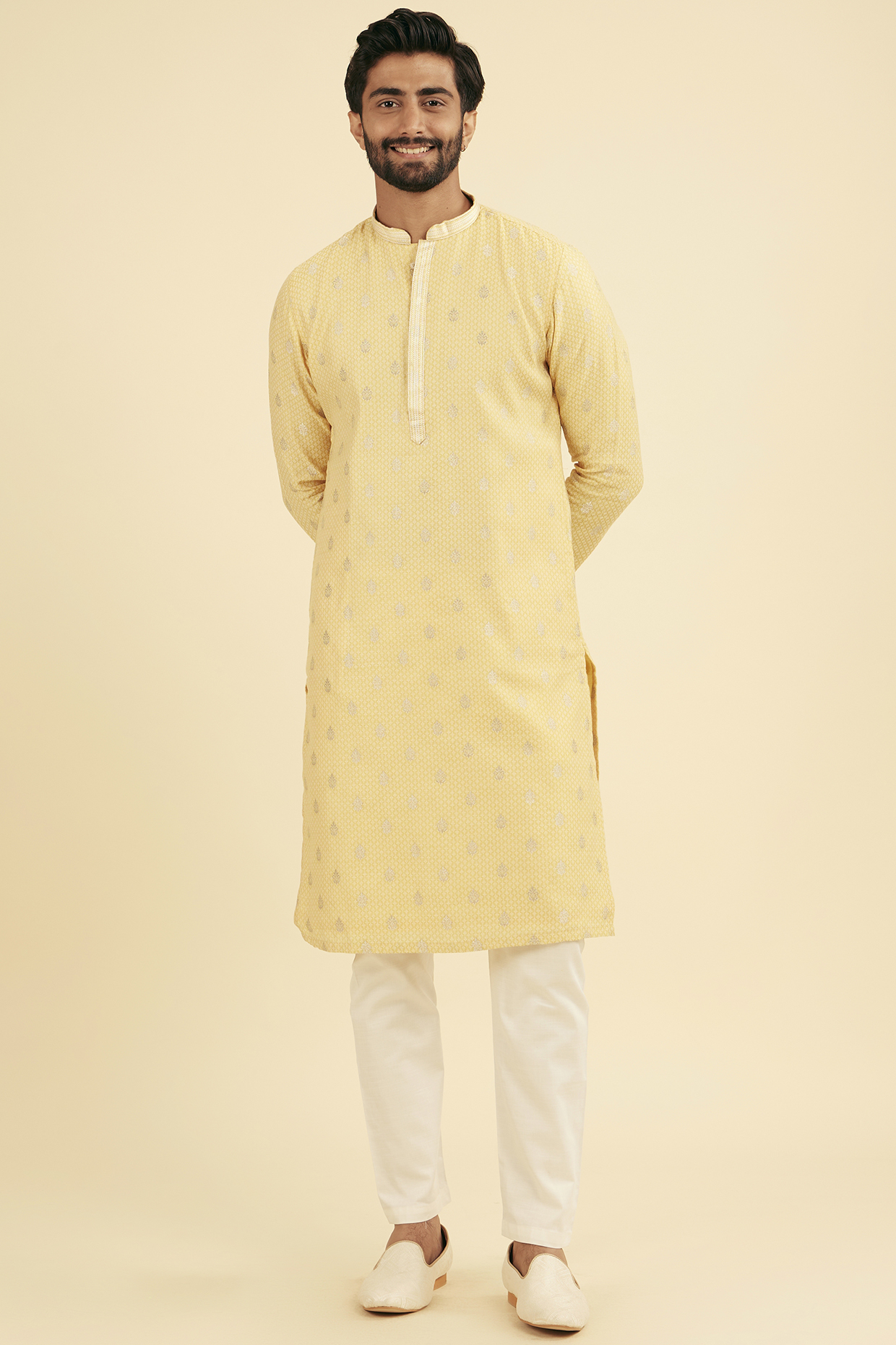 Saffron Yellow Cotton Blend Kurta Set by Manyavar