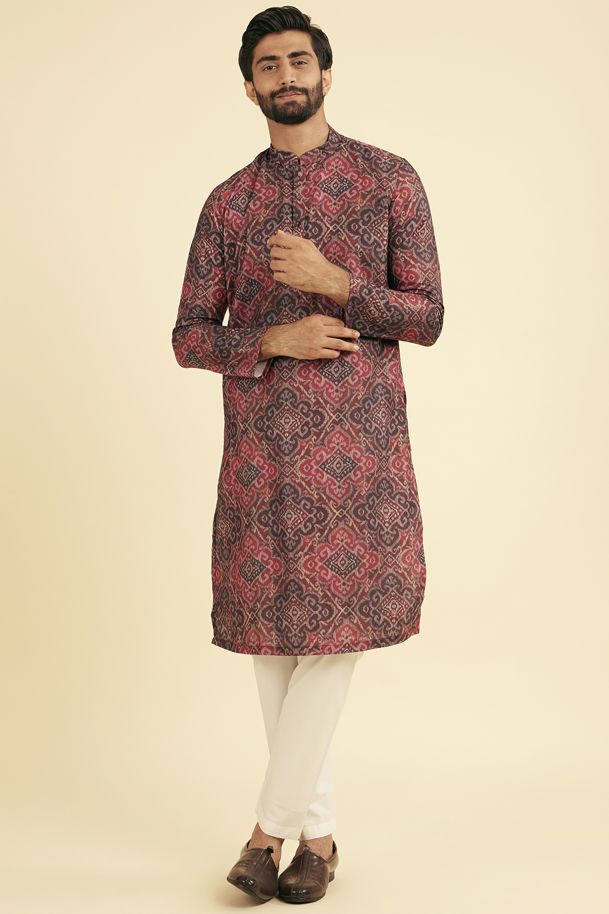 Maroon Cotton Blend Printed Kurta Set by Manyavar