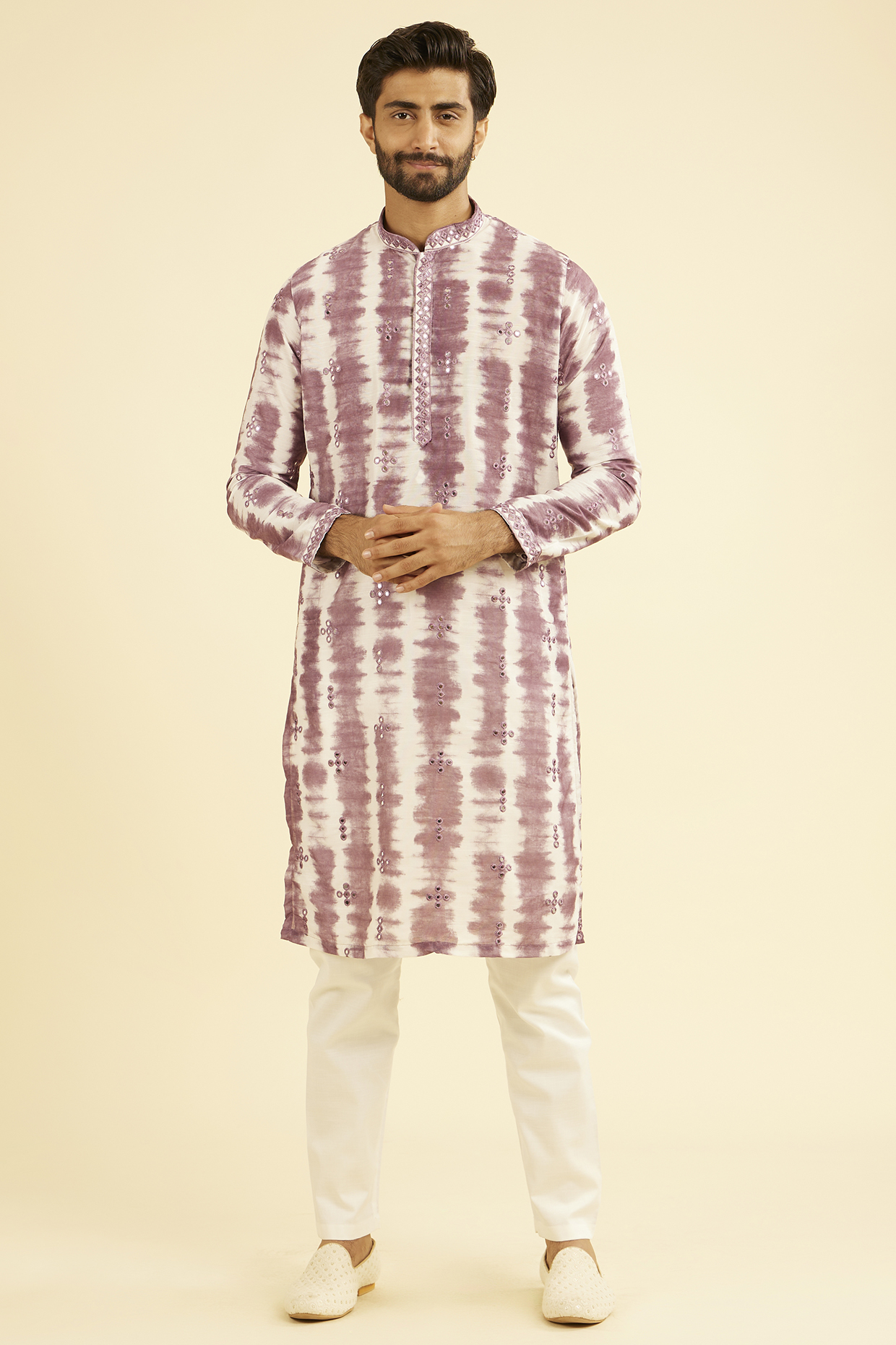 Dusty Pink Satin Printed Kurta Set by Manyavar