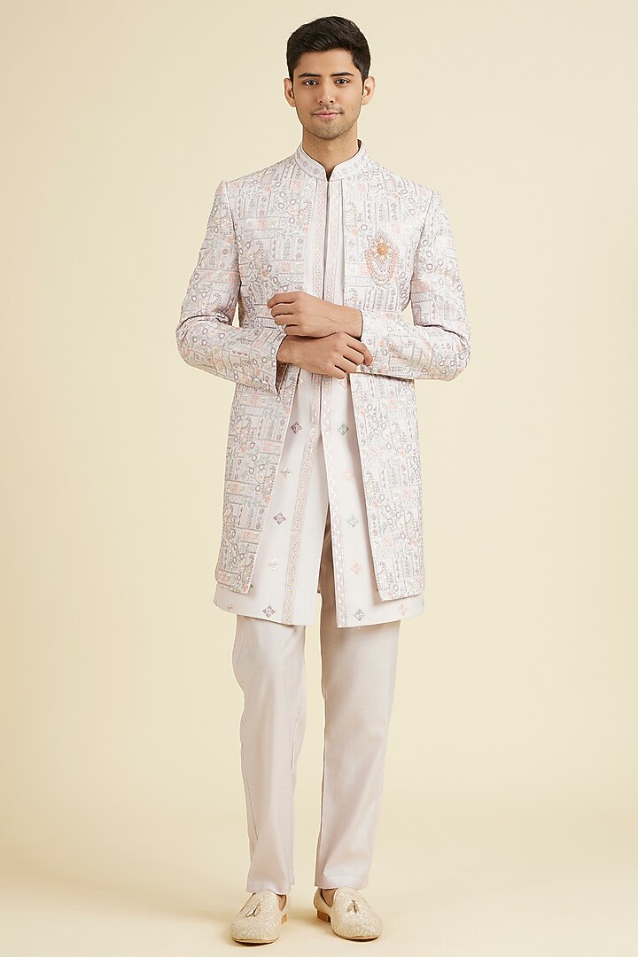 Lilac Blended Viscose Embroidered & Printed Wedding Indowestern Set by Manyavar at Pernia's Pop Up Shop