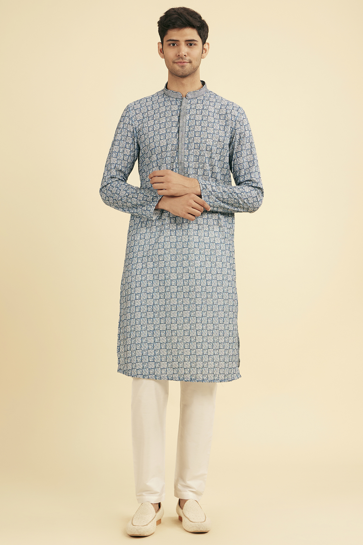 Blue Cotton Blend Printed & Embroidered Kurta Set by Manyavar