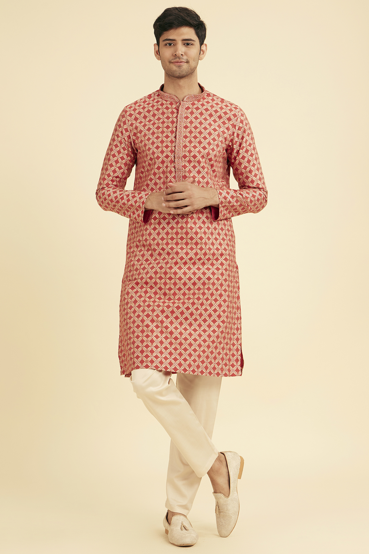Rust Viscose Blend Printed Kurta Set by Manyavar