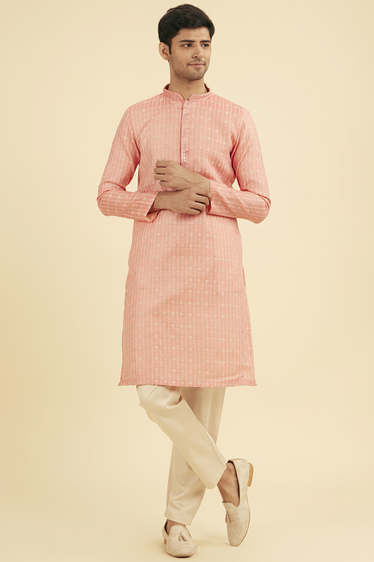 Peach Art Silk Printed Kurta Set by Manyavar