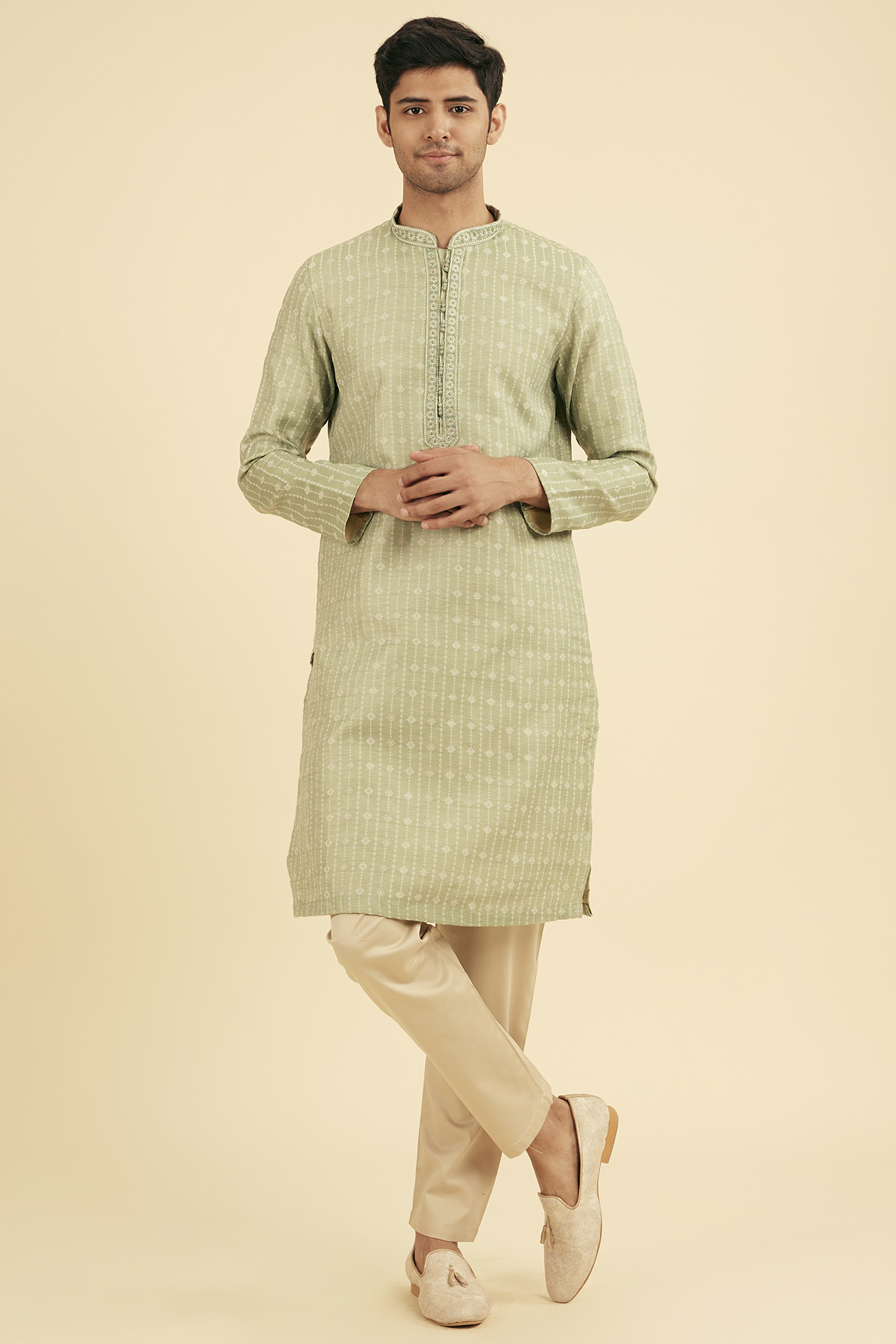 Light Green Art Silk Printed Kurta Set by Manyavar