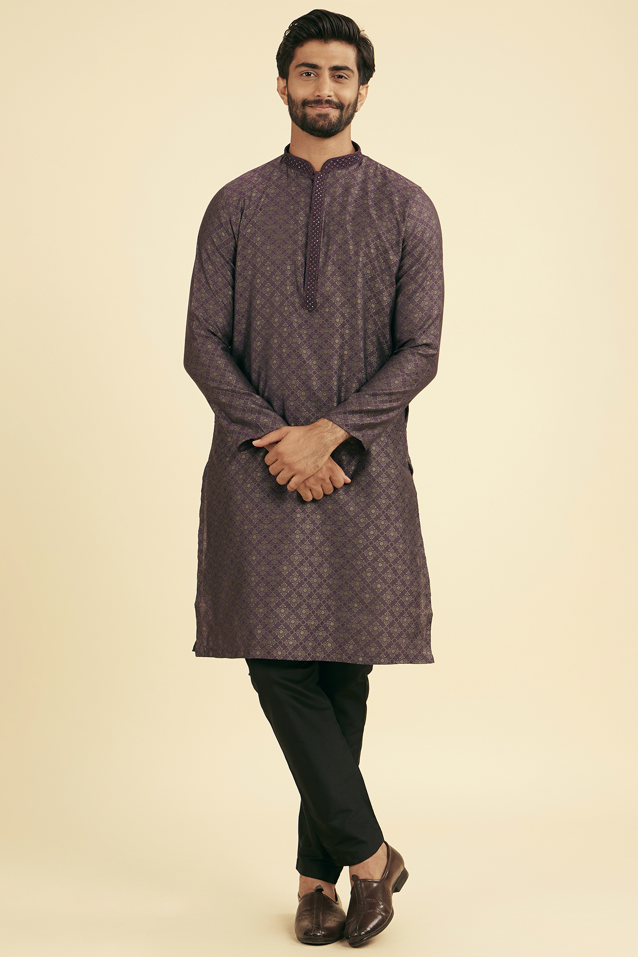 Purple Brocade Printed Kurta Set by Manyavar