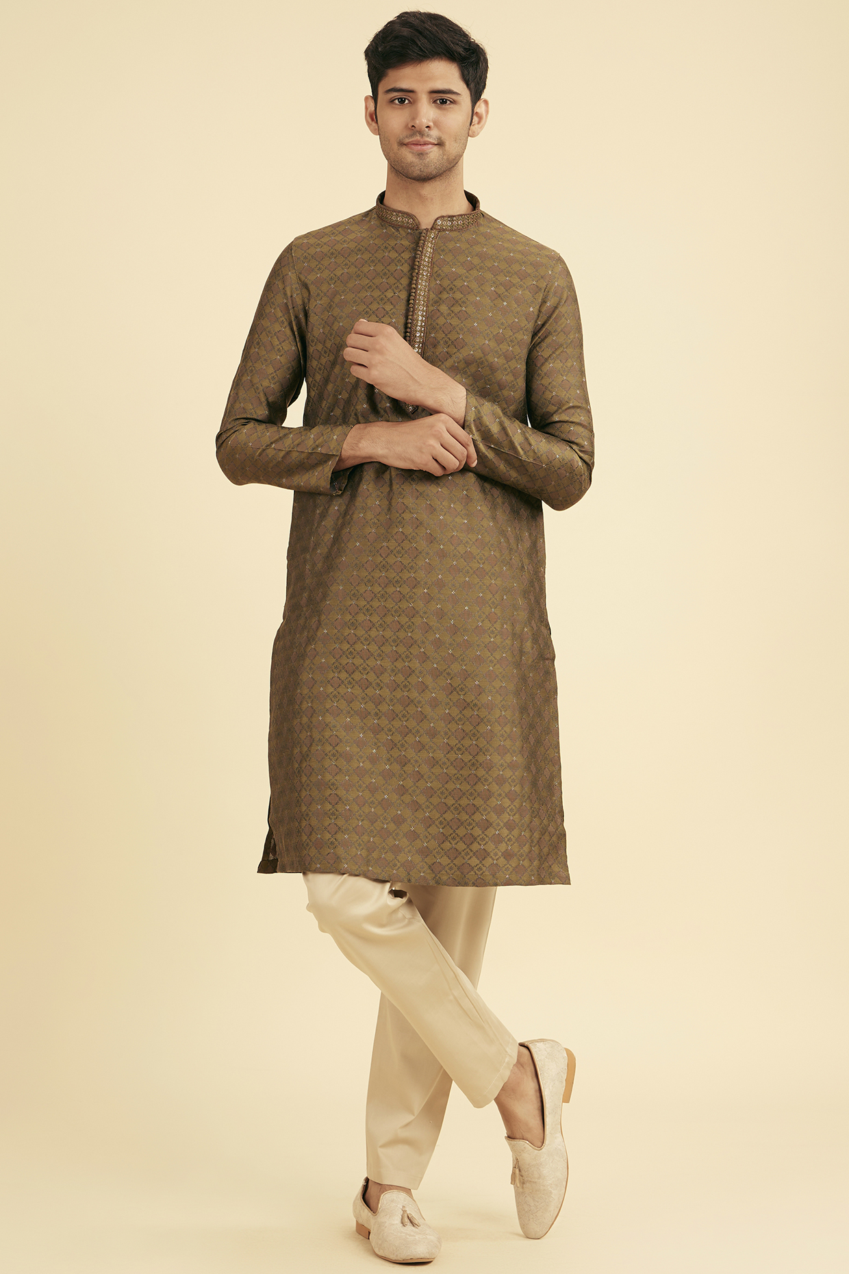 Olive Green Art Silk Kurta Set by Manyavar