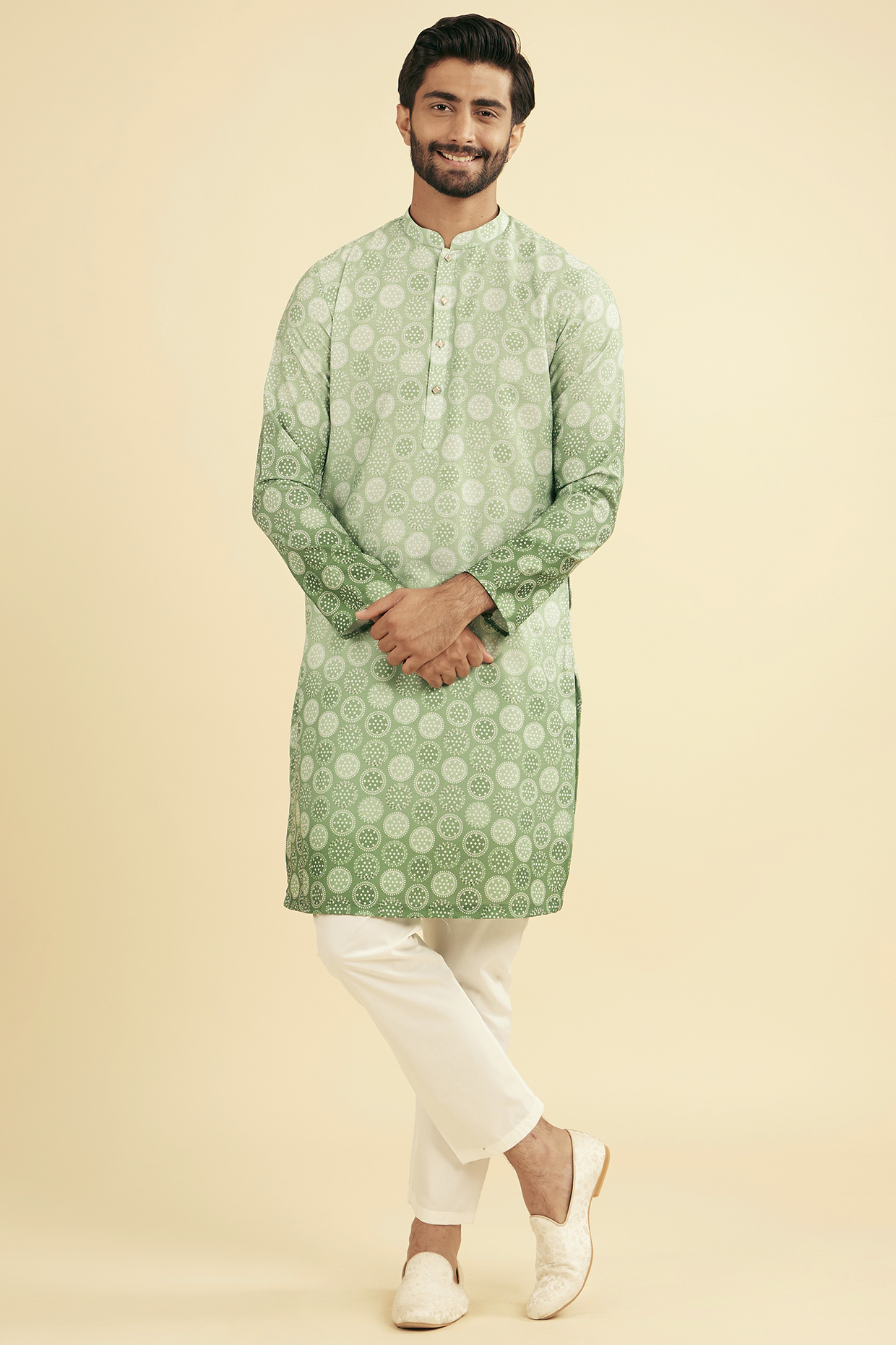 Green Cotton Blend Printed Kurta Set by Manyavar
