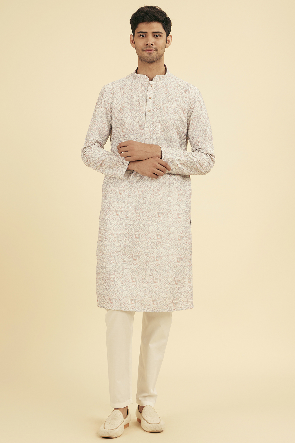 Light Grey Printed & Embroidered Art Silk Kurta Set by Manyavar