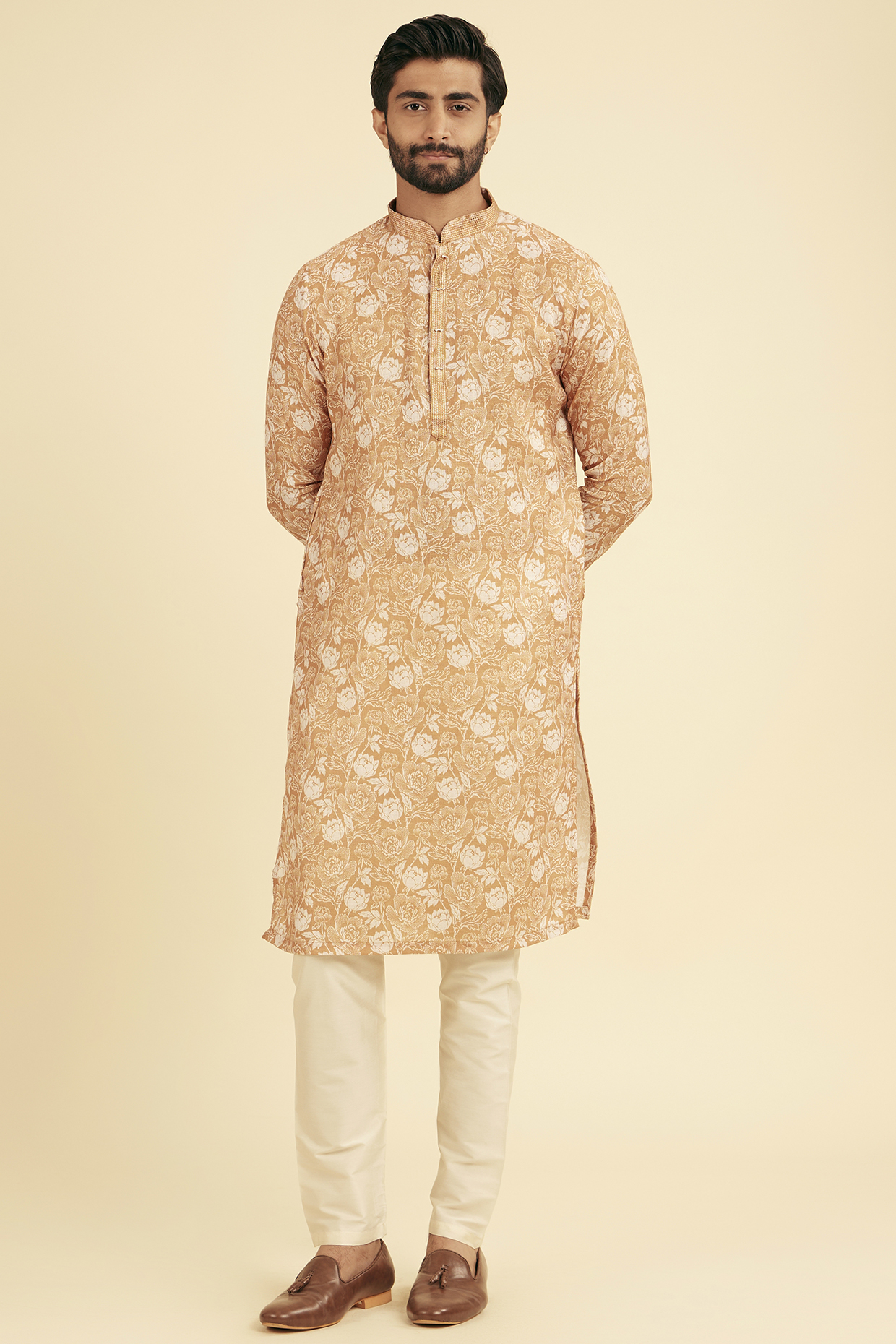 Yellow Cotton Blend Printed Kurta Set by Manyavar