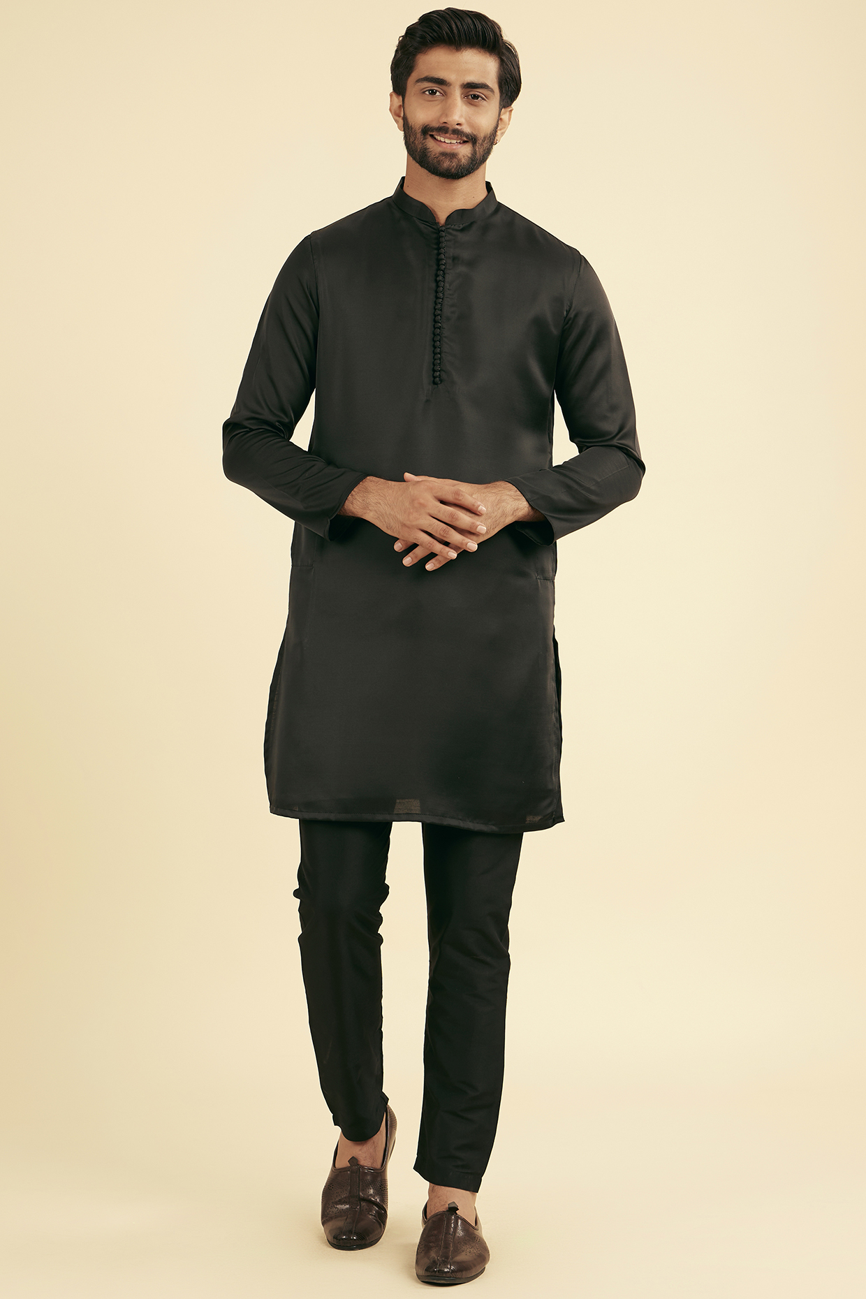Black Satin Kurta Set by Manyavar