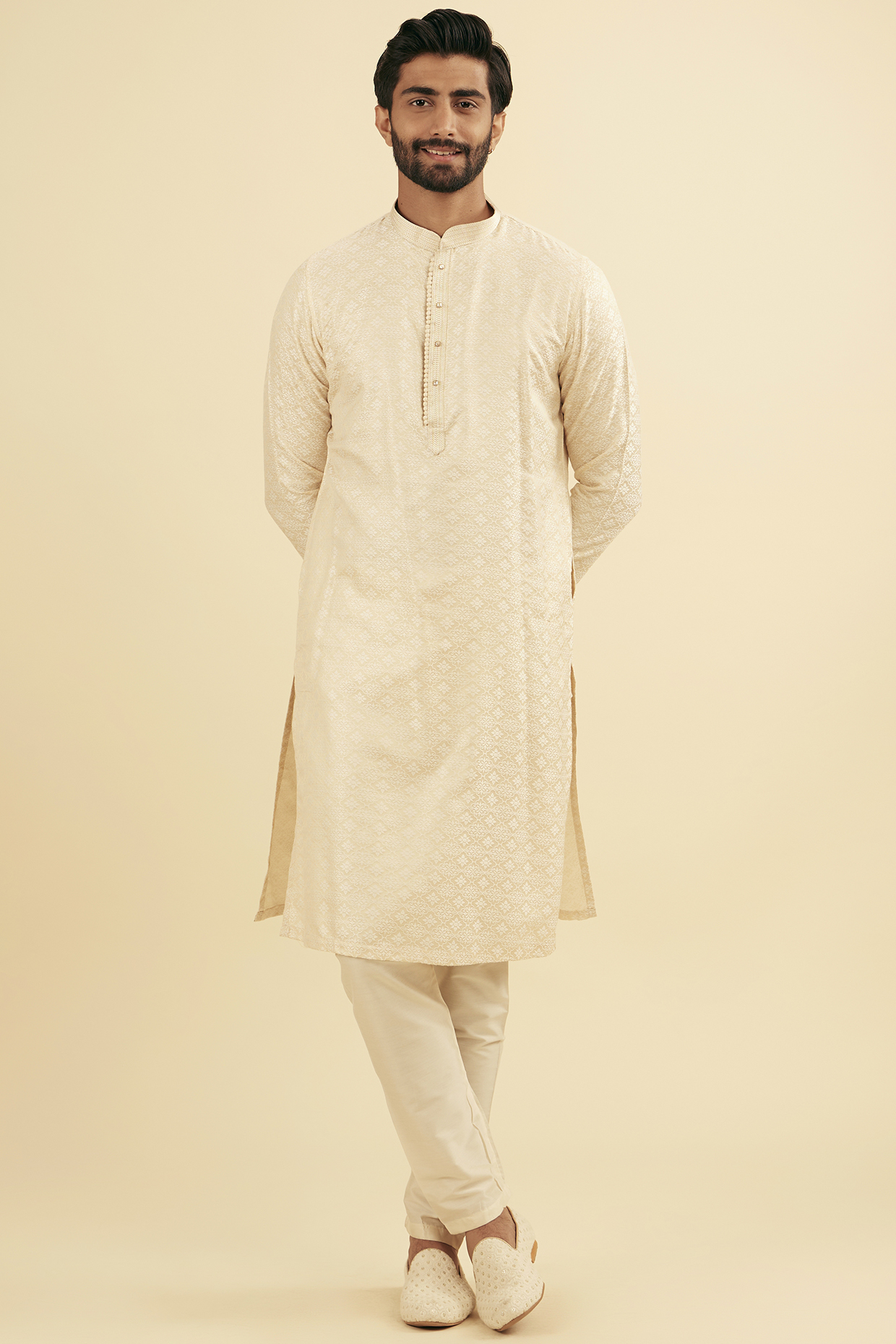 Beige Viscose Blend Kurta Set by Manyavar