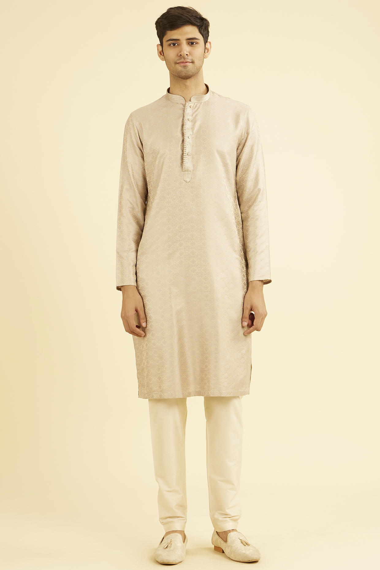 Beige Viscose Blend Kurta Set by Manyavar
