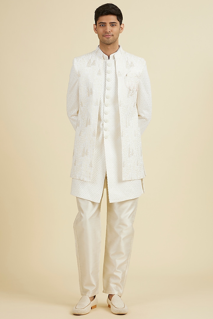 Warm White Georgette Thread Embroidered Wedding Indowestern Jacket Set by Manyavar at Pernia's Pop Up Shop