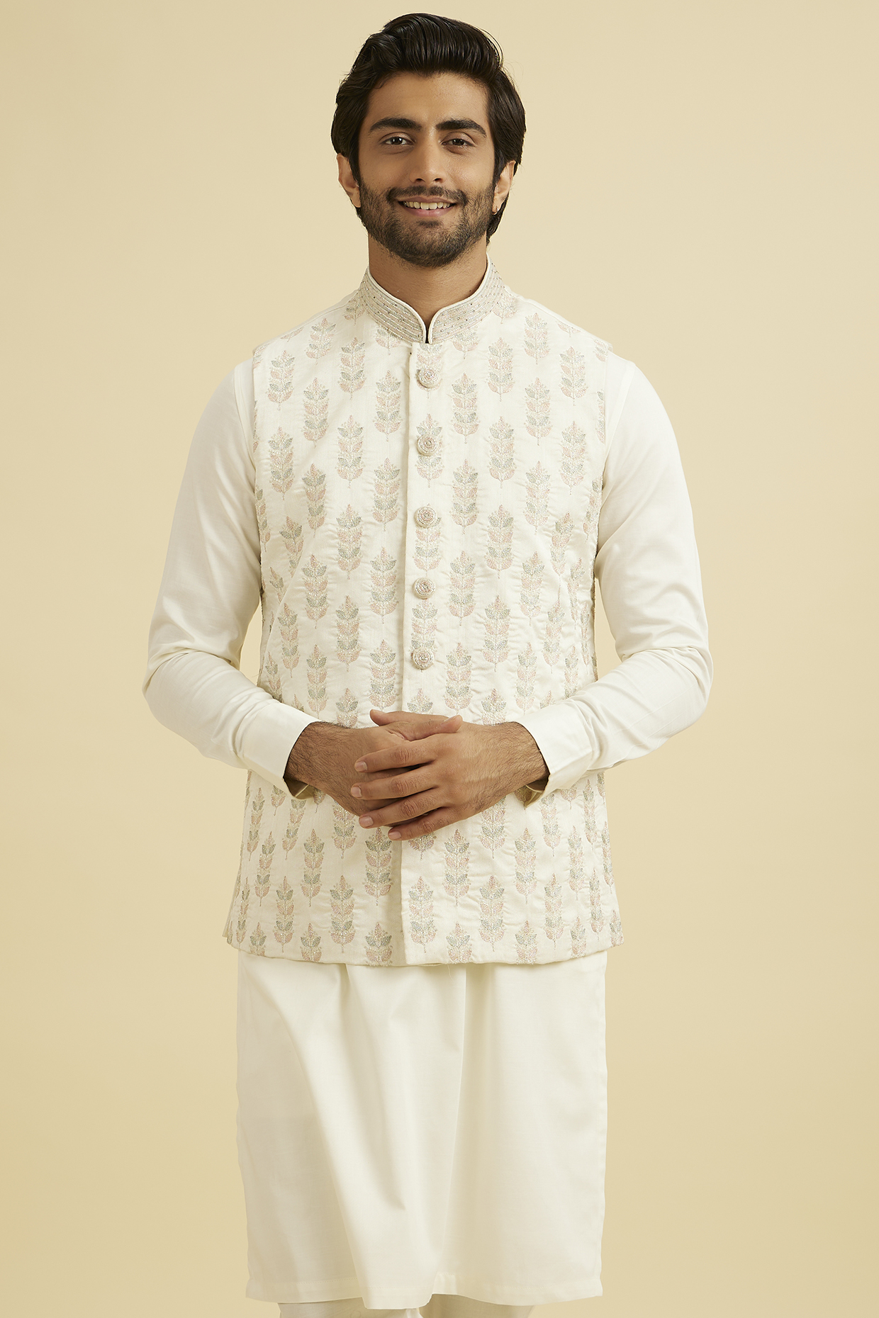 Warm White Art Silk Hand Embellished Nehru Jacket by Manyavar