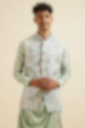 Light Green Art Silk Printed & Embroidered Nehru Jacket by Manyavar