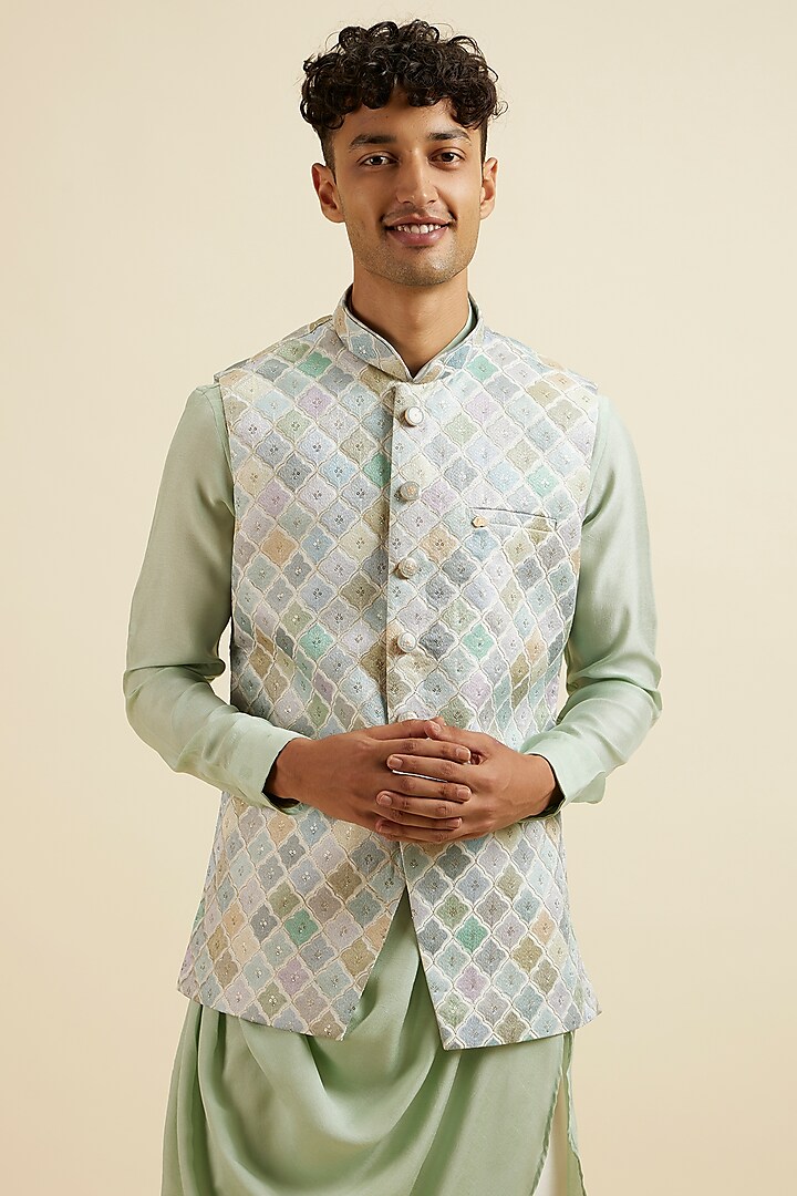 Light Green Art Silk Printed & Embroidered Nehru Jacket by Manyavar