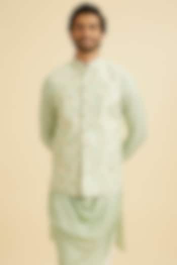 Light Green Art Silk Gold Printed Nehru Jacket by Manyavar