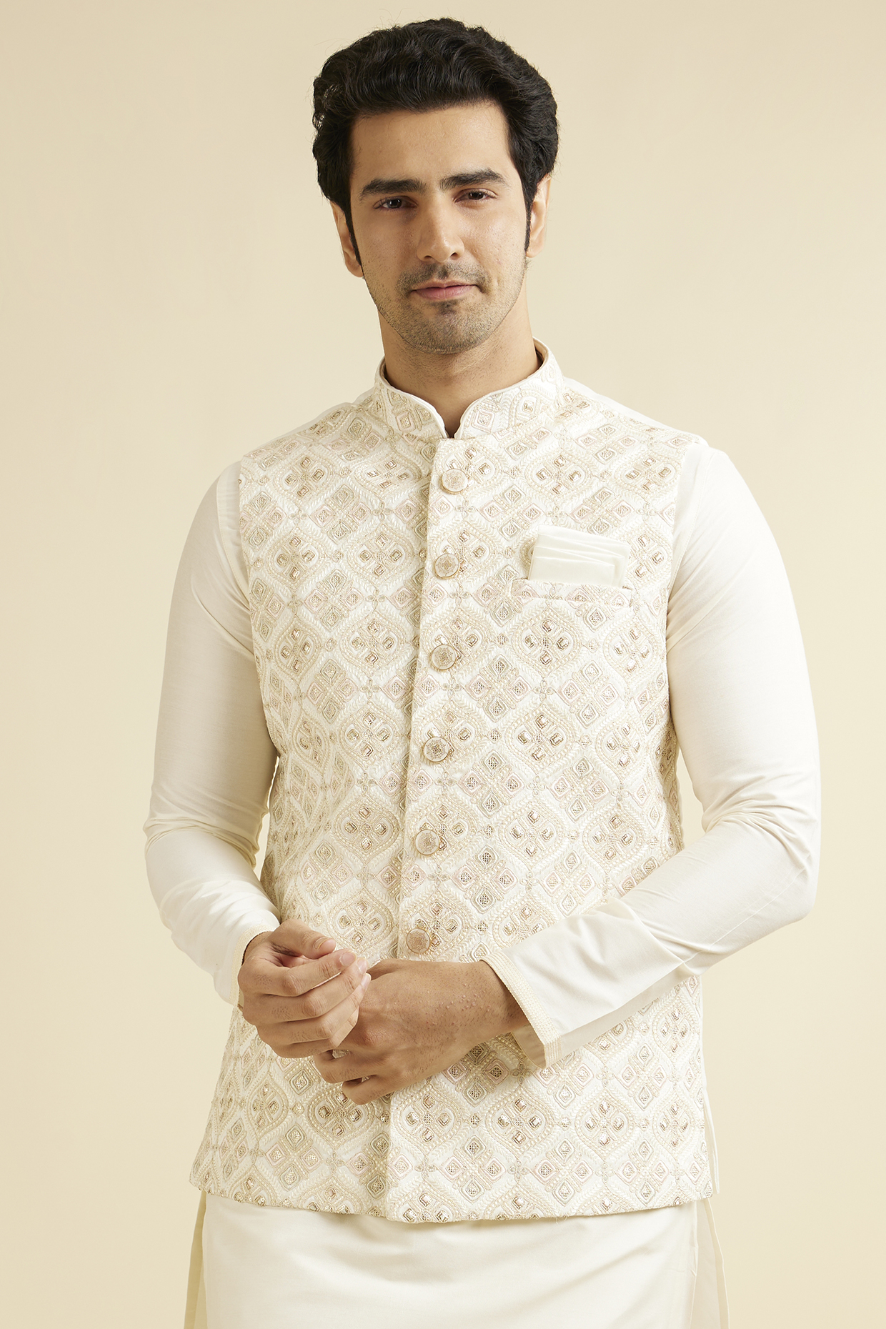 Warm White Art Silk Digital Printed Nehru Jacket by Manyavar