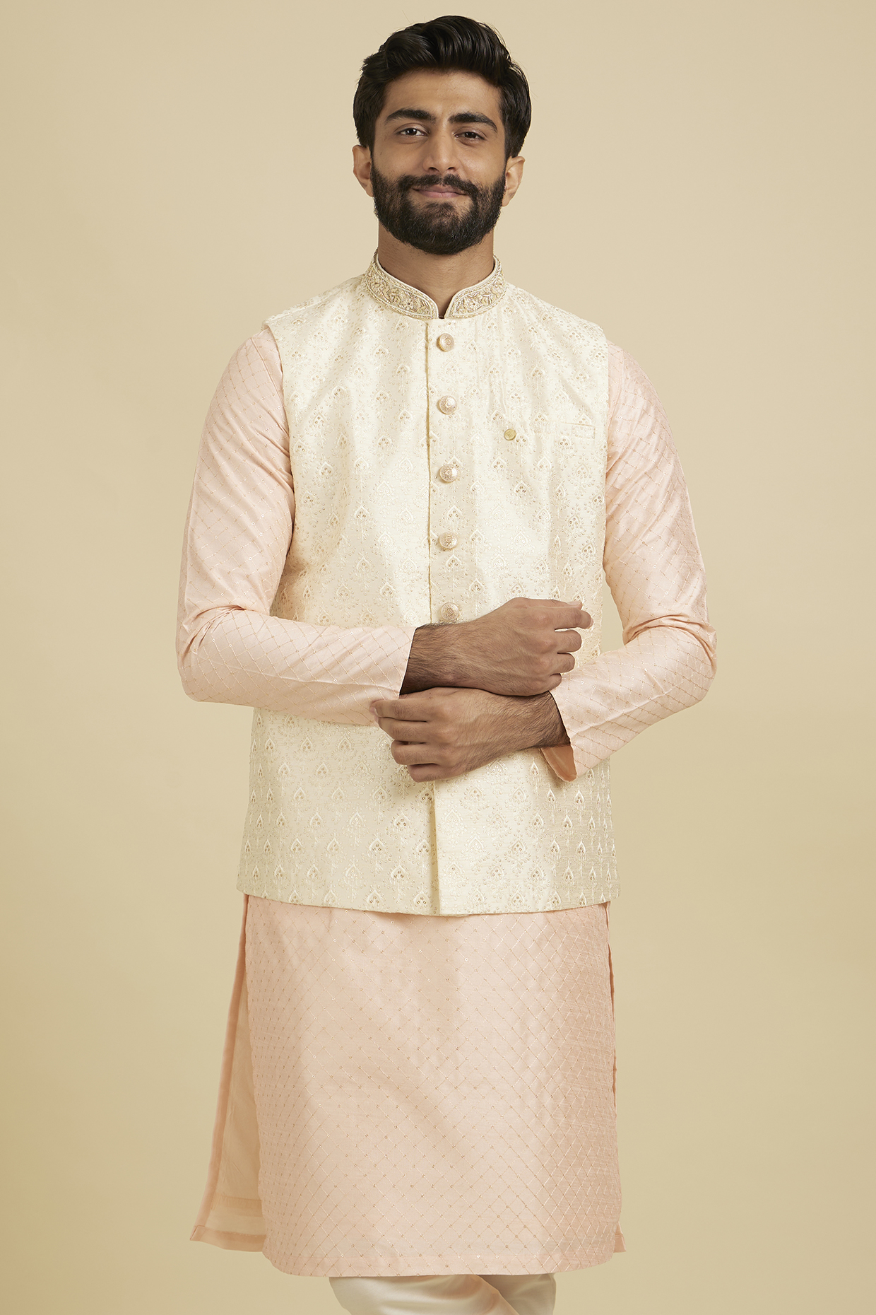 Cream Art Silk Thread Embroidered Nehru Jacket by Manyavar