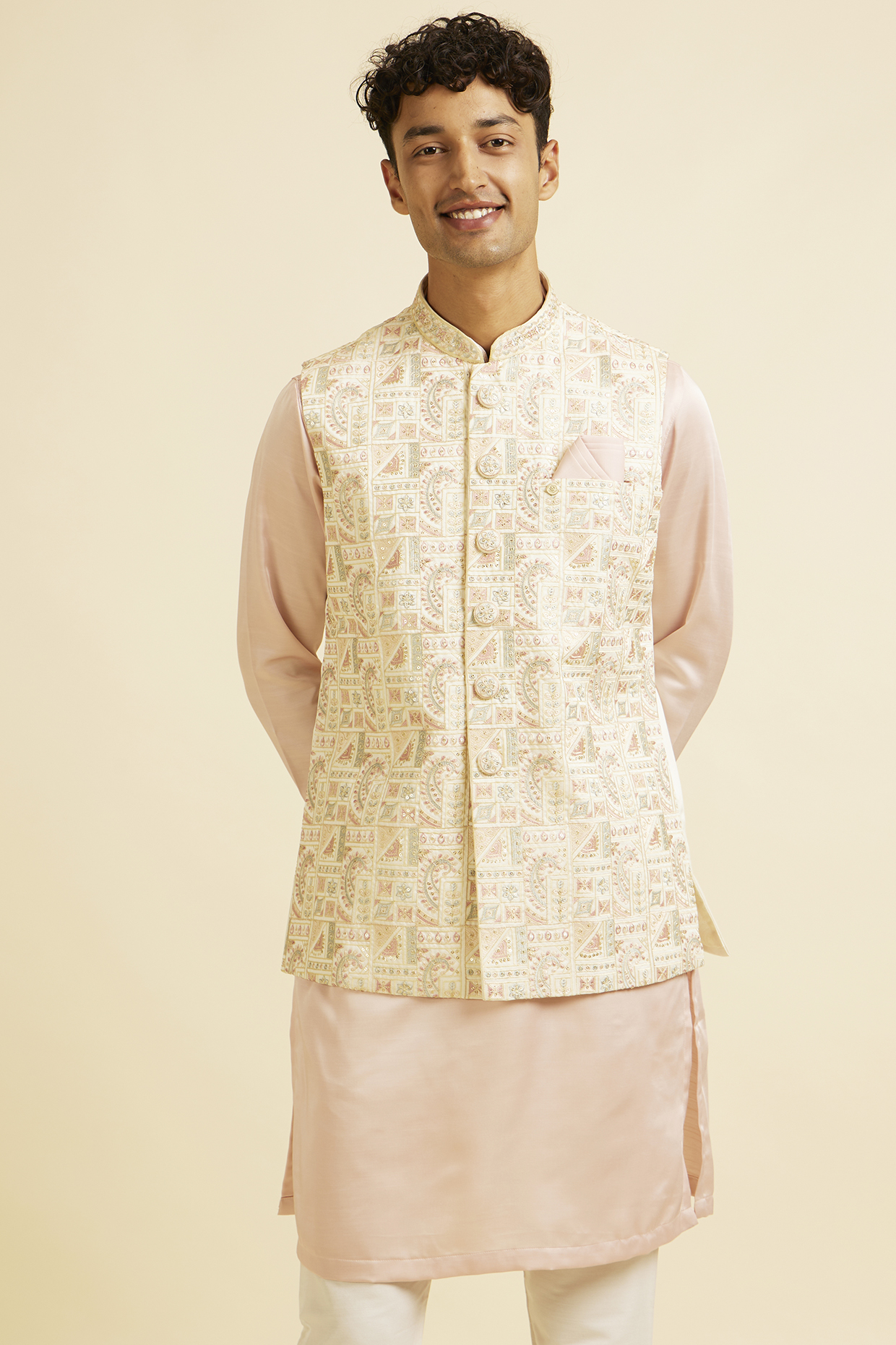 Cream Satin Sequins Embroidered Nehru Jacket by Manyavar